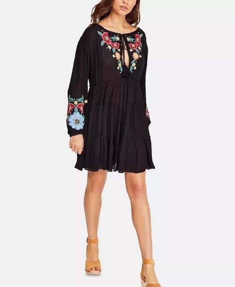 Free People Spell On You Medium Black Gauze Floral Embroidered Babydoll Dress
